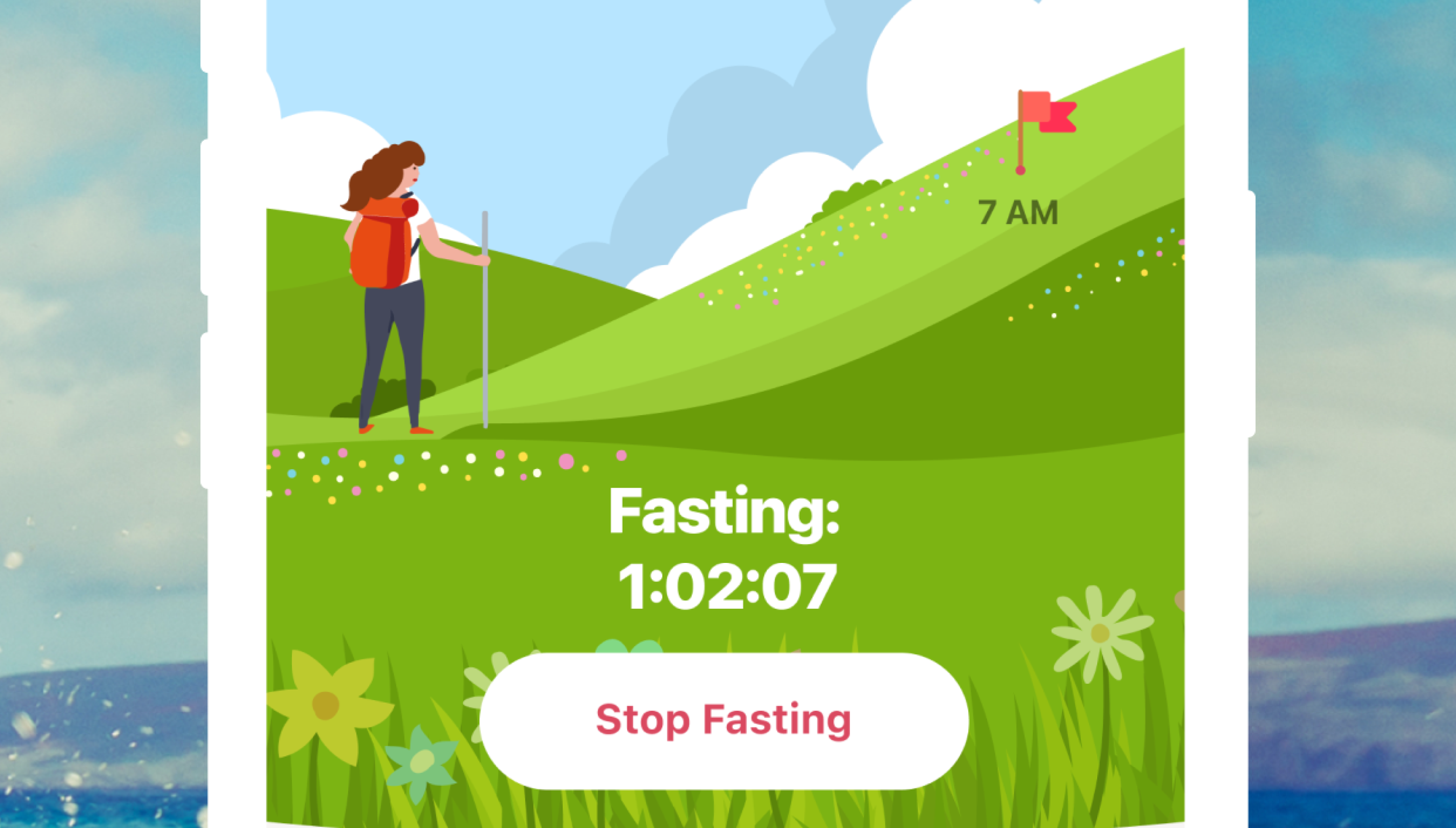 Maximize Your Fasting Journey with Prime Fasting App's Intuitive Tracker Screenshot of Prime Fasting App's Fasting Tracker feature displaying a countdown timer, fasting window, and progress bars on a smartphone.