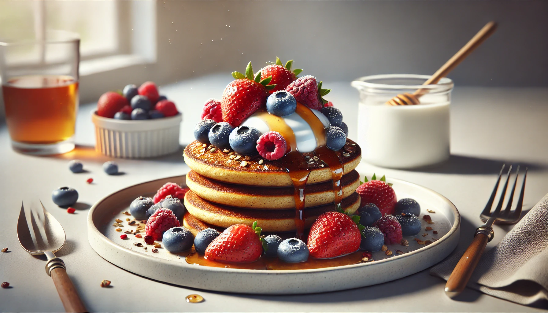 Whole Grain Pancakes with Berries and Greek Yogurt: A Delicious and Nutritious Breakfast Golden brown whole grain pancakes topped with mixed berries and a dollop of Greek yogurt, drizzled with honey on a white plate.