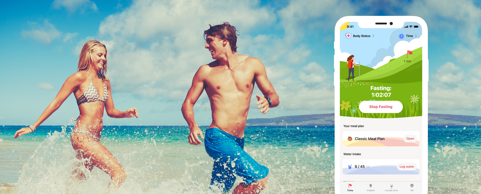 Experience Effective Fasting - Download Our App Today Man and woman using fasting app with logo in background