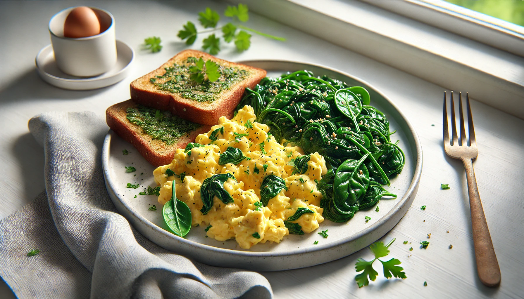 Scrambled Eggs with Sautéed Spinach and Whole Grain Toast: A Healthy and Energizing Breakfast Fluffy scrambled eggs served with sautéed spinach and crispy whole grain toast, garnished with fresh parsley on a white plate.