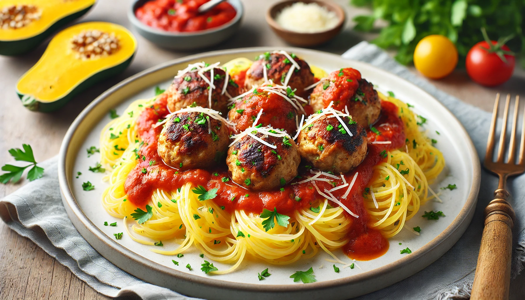 Turkey Meatballs with Spaghetti Squash and Marinara Sauce: A Healthy and Delicious Dinner Option Turkey meatballs served over a bed of spaghetti squash, topped with marinara sauce and garnished with fresh parsley.