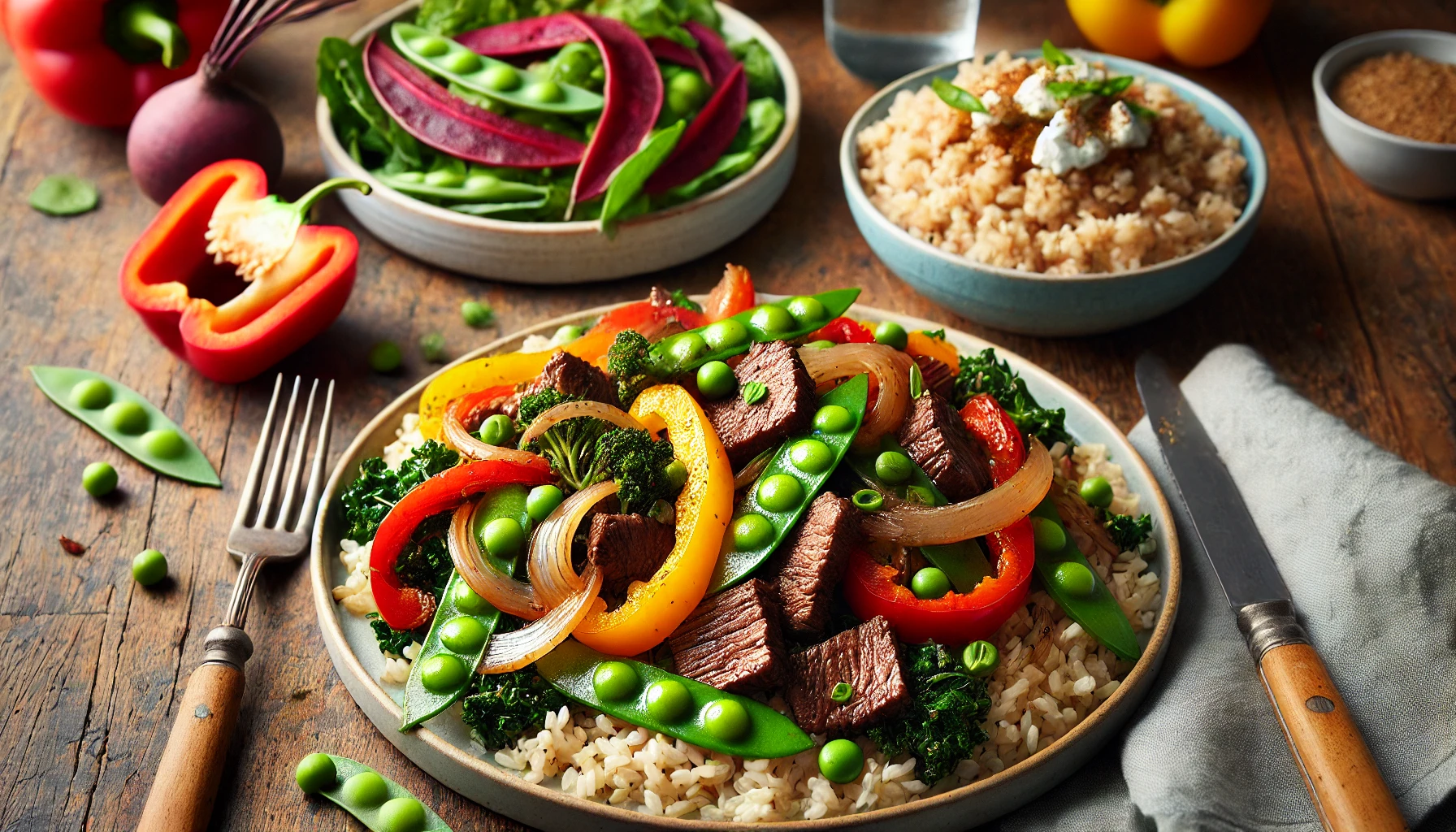 Beef Stir-Fry with Bell Peppers, Onions, and Snap Peas - Warrior Diet Meal Plan A plate of beef stir-fry with bell peppers, onions, snap peas, and brown rice, part of the Warrior Diet meal plan.