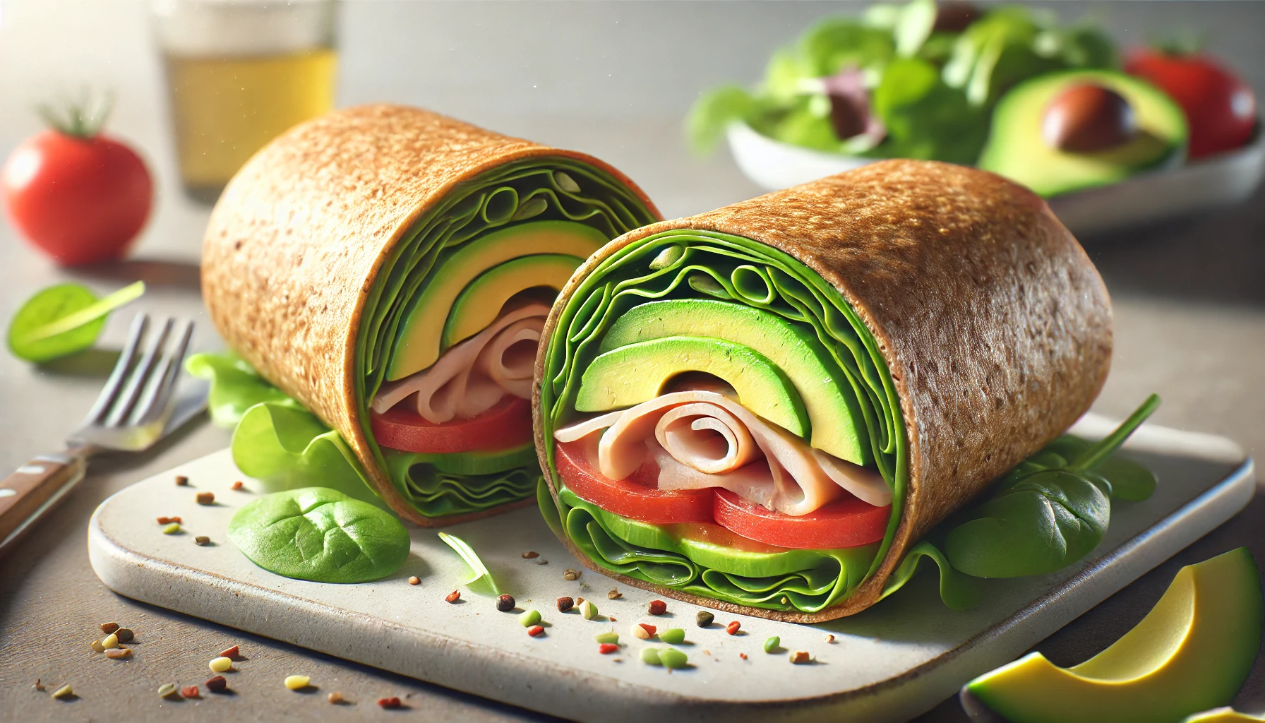 Whole Wheat Wrap with Turkey and Avocado: A Healthy and Delicious Lunch Option A whole wheat wrap filled with sliced turkey, avocado, lettuce, and tomato, served with a side of mixed greens on a white plate.